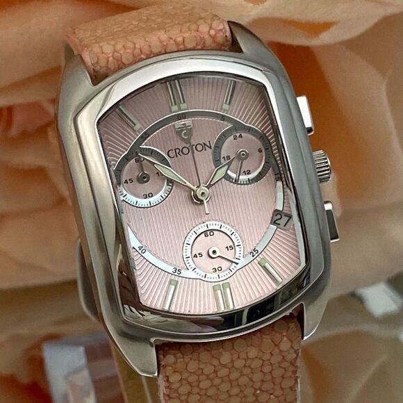 Croton All Stainless Steel Swiss Quartz Chronograph Pink Dial Sharkskin Strap - Picture 2 of 16